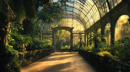 Sunlit botanical garden with glass domes lush greenery serene atmosphere nature's beauty