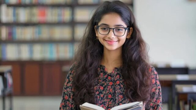 Young indian student smiling while reading a book in a library during the day