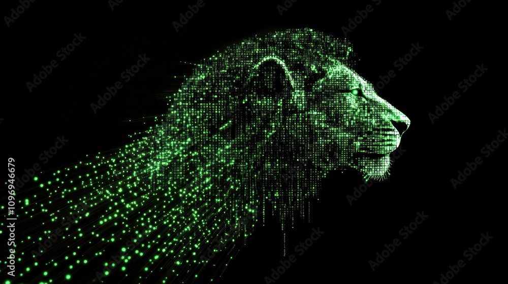 Poster dynamic glowing neon green lion code visualization in digital art abstract environment modern viewpo