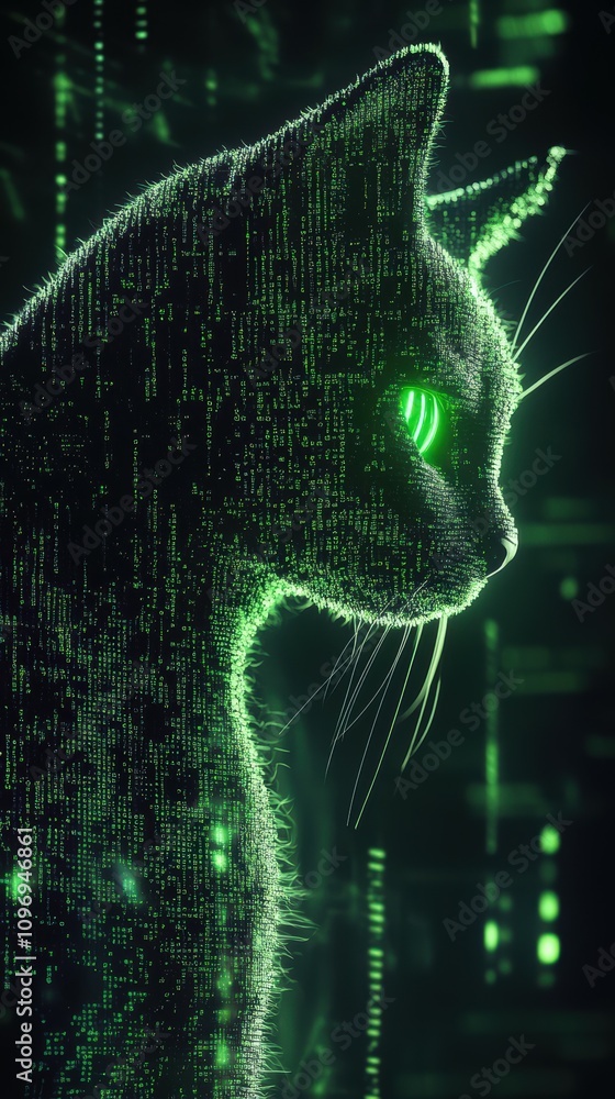 Aufkleber matrix-style falling code forms the shape of a cat in a digital environment