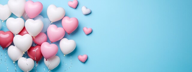 Valentine banner with heart shaped balloons decoration in light blue theme with copy space for adding text. Concept of Love, Joyful, Romance and Celebration.