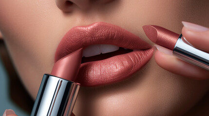 Obraz premium Close-Up of Lush Lips Applying Rose-Tinted Lipstick
