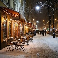 Beautiful Snowy Street with Cozy Cafe Tables, People Walking. AI generated illustration