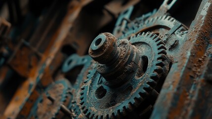 Intricate rusty gears of an old clock mechanism vintage workshop close-up photography industrial macro view timekeeping