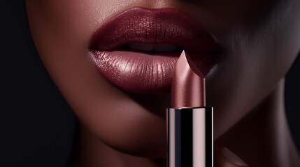 Obraz premium Close-Up of Lush Lips Applying Rose-Tinted Lipstick