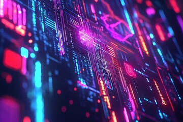 Futuristic digital interface with neon icons representing cryptocurrencies and blockchain technology