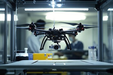 Advanced drone with a mounted camera in a laboratory setting, highlighting technology and innovation