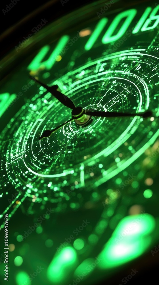 Aufkleber glitchy green clock face displaying time digital art high-tech environment close-up view modern conc