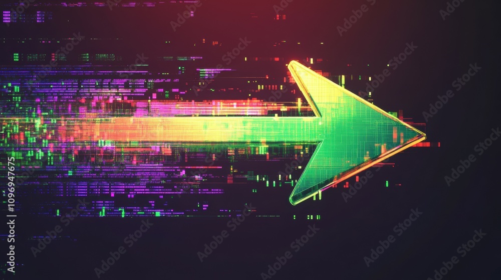 Poster dynamic digital artwork of pixelated neon green arrow piercing glitchy data in abstract space