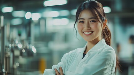 Obraz premium Happy Asian Female Engineer Smiling While Working in Factory