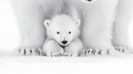 A polar bear cub looks out from between its mother's legs, with its paws folded neatly in front of it.
