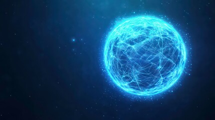 A glowing blue globe with a network of lines and dots set against a dark blue background.