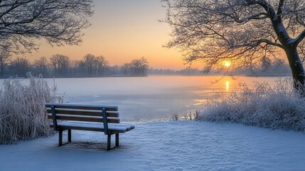 Beautiful Winter Landscape with Frozen Lake at Sunrise. AI generated illustration