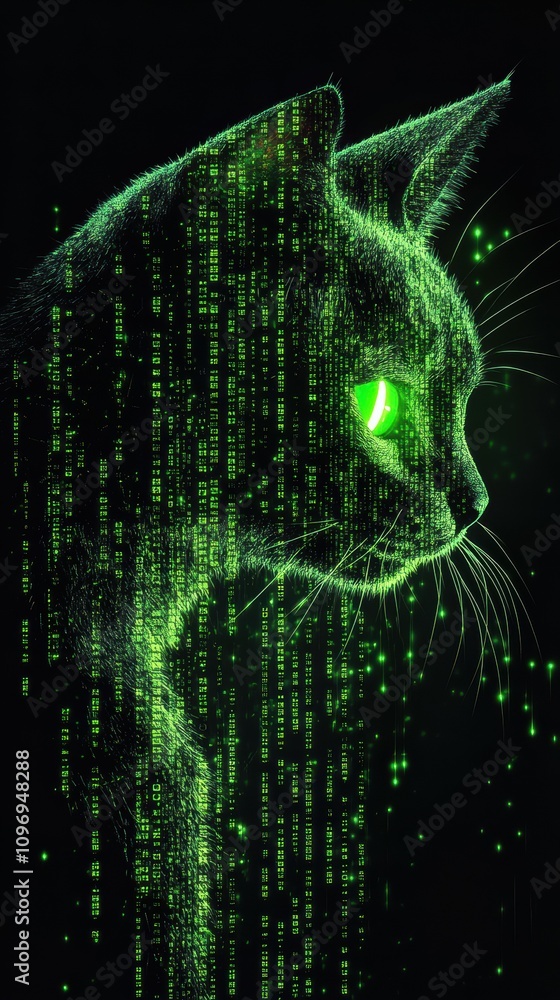 Poster matrix-style falling code forms cat shape digital art dark environment futuristic viewpoint