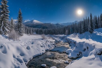Beautiful Winter Landscape with Full Moon in the Carpathian Mountains. AI generated illustration