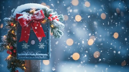 A mailbox decorated with a Christmas bow and garland, snowflakes falling gently in the background
