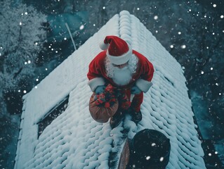 Bird's Eye View of Santa Claus Standing on a Very Snowy Rooftop Surrounded by Sparkling Snowflakes: A Festive Winter Scene Perfect for Christmas Promotions