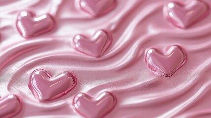 A background of crinkled pink foil with delicate embossed hearts, reflecting light. The stylish and romantic texture, shimmering pink foil, Valentine’s Day card, elegant metallic surface