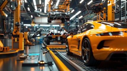Industrial production of cars. A factory for assembling modern cars on a conveyor.