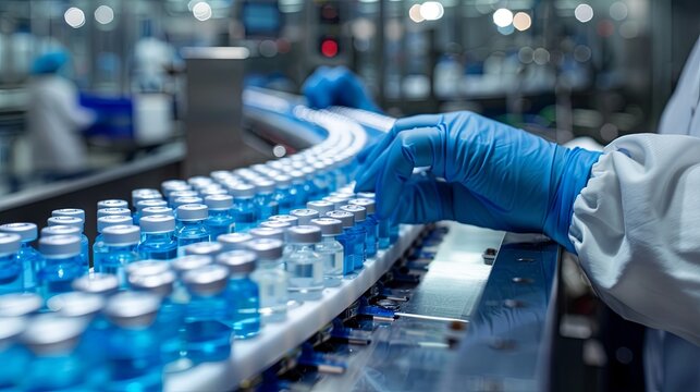 Pharmacist scientist in hygienic gloveschecks the quality of manufactured medicines in transparent bottles. Pharmacy. Medicine