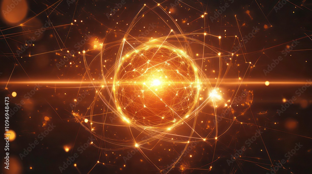 Poster abstract glowing sphere with connected lines and particles on a dark background.