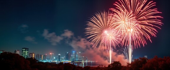 Fototapeta premium Bright fireworks explode over city skyline. Night city lights. Colorful New Year celebration. Festive holiday event. Happy New Year 2025 card background. Perfect for greeting cards party invitations.