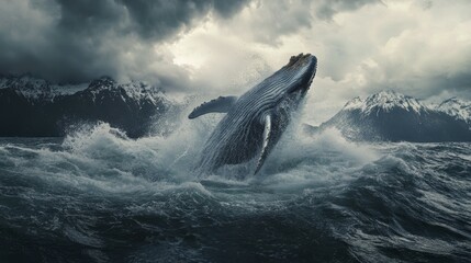 Fototapeta premium Whale breaching the ocean surface dramatic water splash coastal waters nature aerial view wildlife