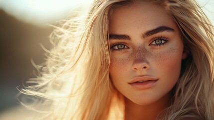 Golden Hour Beauty: Freckles and sun-kissed blonde hair, a young woman's portrait captures the essence of natural beauty in the warm glow of sunset.