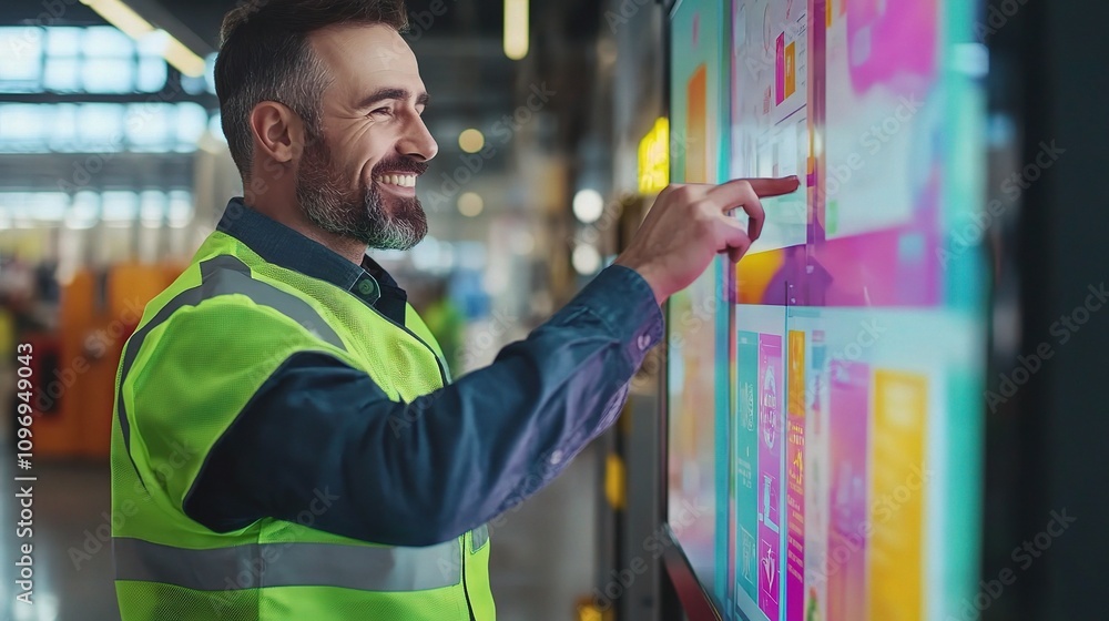 Poster industrial innovation: a smiling worker in a green vest interacts with a digital display filled with