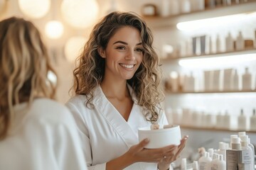 Smiling beauty consultant presenting skincare products to a customer in a modern store
