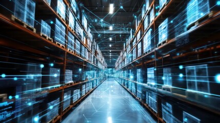 A warehouse aisle with glowing blue lines and dots connecting boxes, illustrating the concept of inventory management and logistics technology.