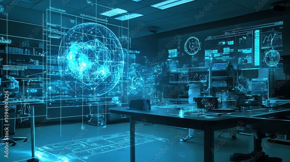 Poster a high-tech physics lab with augmented reality tools for studying the behavior of matter in extreme 