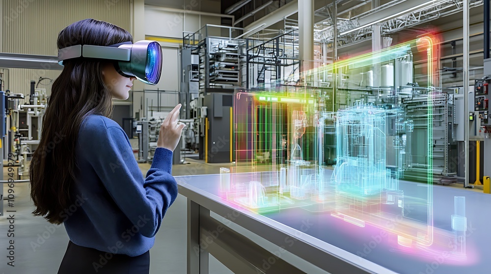 Poster a high-tech physics lab with augmented reality tools for visualizing the behavior of neutrinos and d