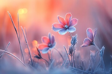 Beautiful Winter Nature Background with Frozen Flowers and Grass in the Meadow at Sunrise. AI generated illustration
