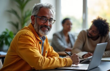 Smiling senior African American man studies using laptop. He sits in classroom with other students. College education mature adult learner. Veteran pursuing higher learning.
