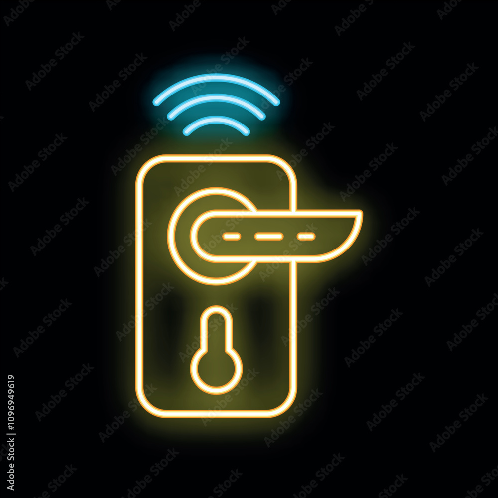 Poster glowing neon line icon of a smart door lock sending a wifi signal
