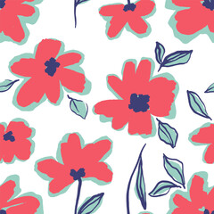 Abstract Hand Drawing Poppy Flowers and Leaves Seamless Vector Textile Pattern Isolated Background