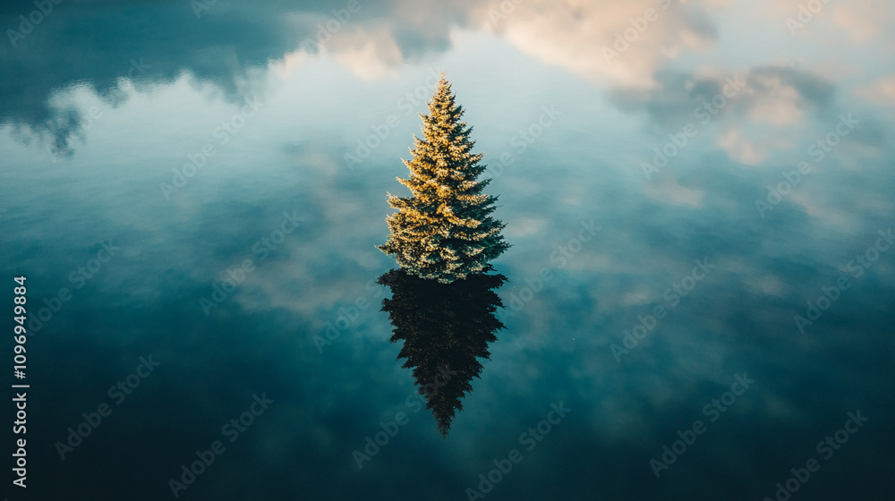 Aufkleber lonely evergreen tree stands tall in serene waters reflecting a tranquil sky at dusk