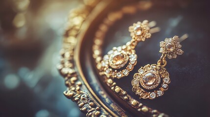 Obraz premium Beautiful antique earrings displayed elegantly on an ornate frame showcasing intricate design, shimmering gemstones, and a timeless elegance perfect for fashion lovers and jewelry enthusiasts.