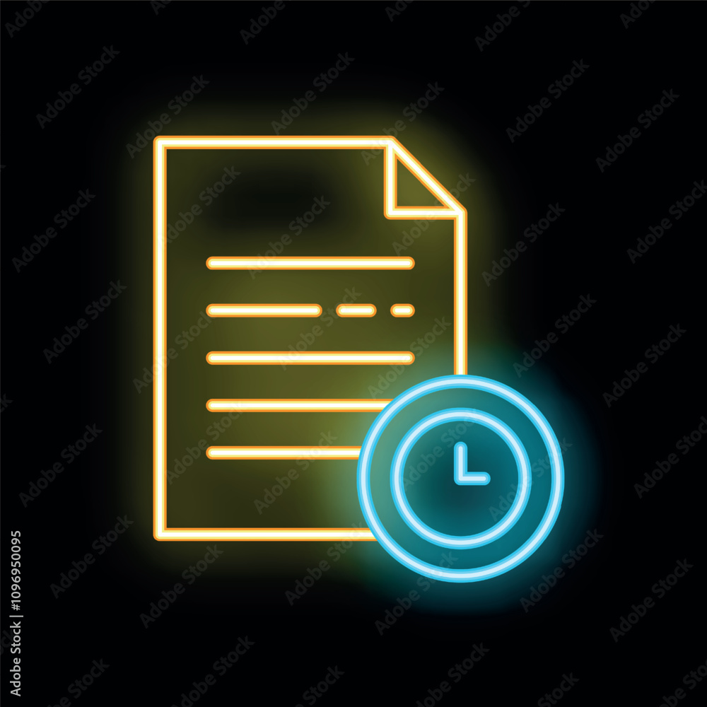 Poster neon glowing icon of a document with text and a clock showing a time limit for work