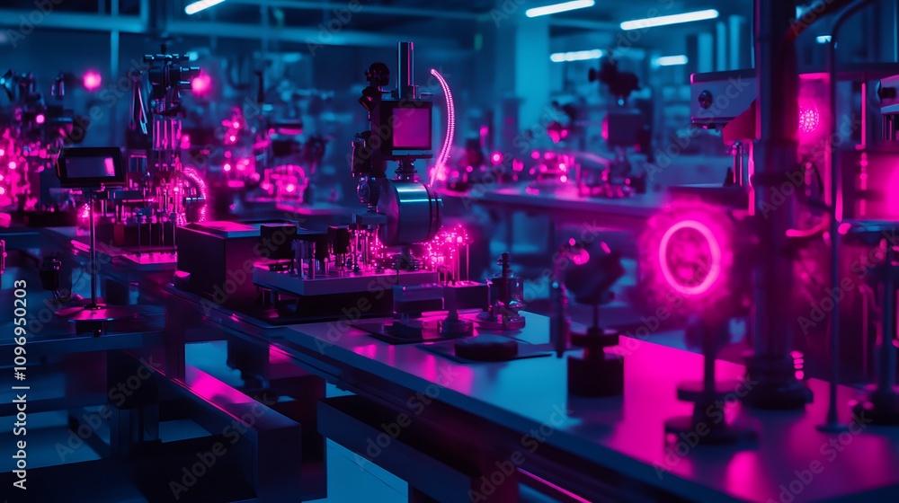 Poster a high-tech physics lab with augmented reality tools for visualizing the effects of quantum entangle