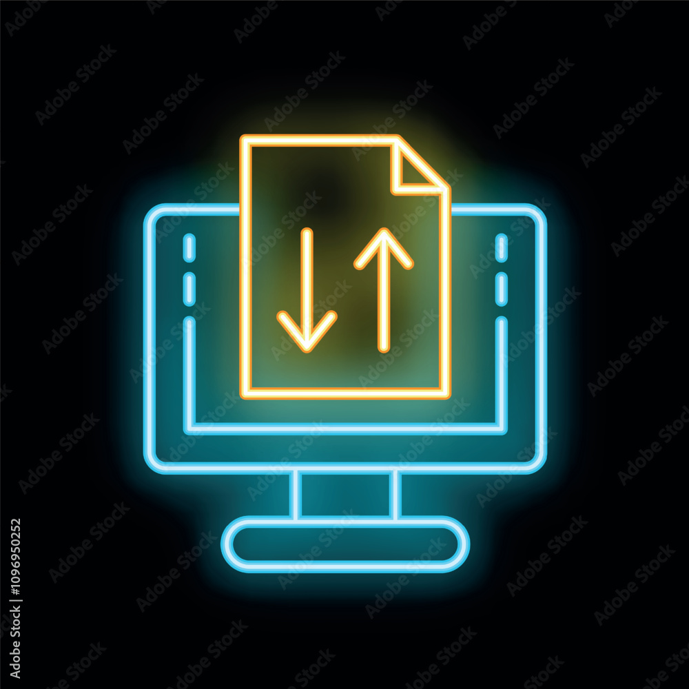Poster neon glowing icon of a desktop computer with an uploading and downloading file symbol on the screen