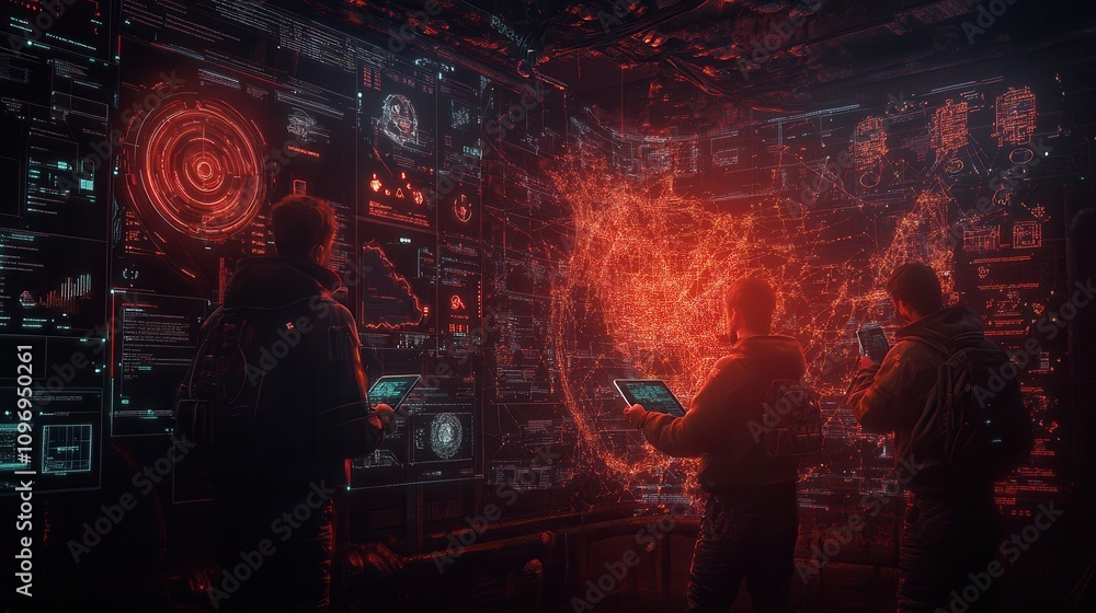 Poster a futuristic control room with glowing holographic displays, where individuals analyze complex data 