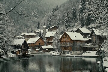 Fototapeta premium Hallstatt Winter Landscape with Lake and Wooden Houses in Snow. AI generated illustration