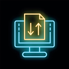 Neon glowing icon of a desktop computer with an uploading and downloading file symbol on the screen