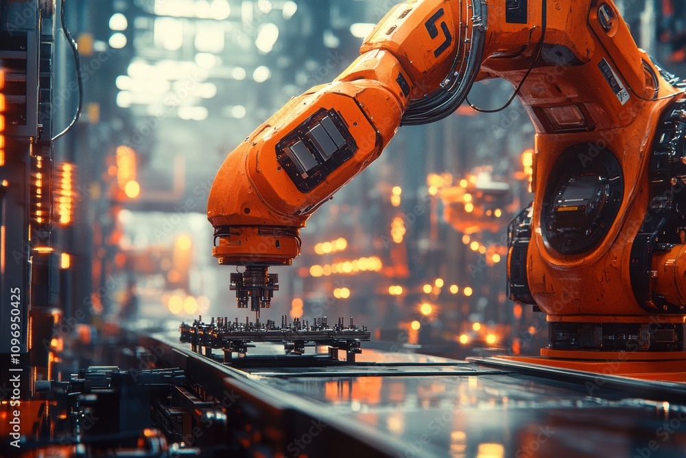 Poster a robotic arm manipulating components in a high-tech industrial setting.