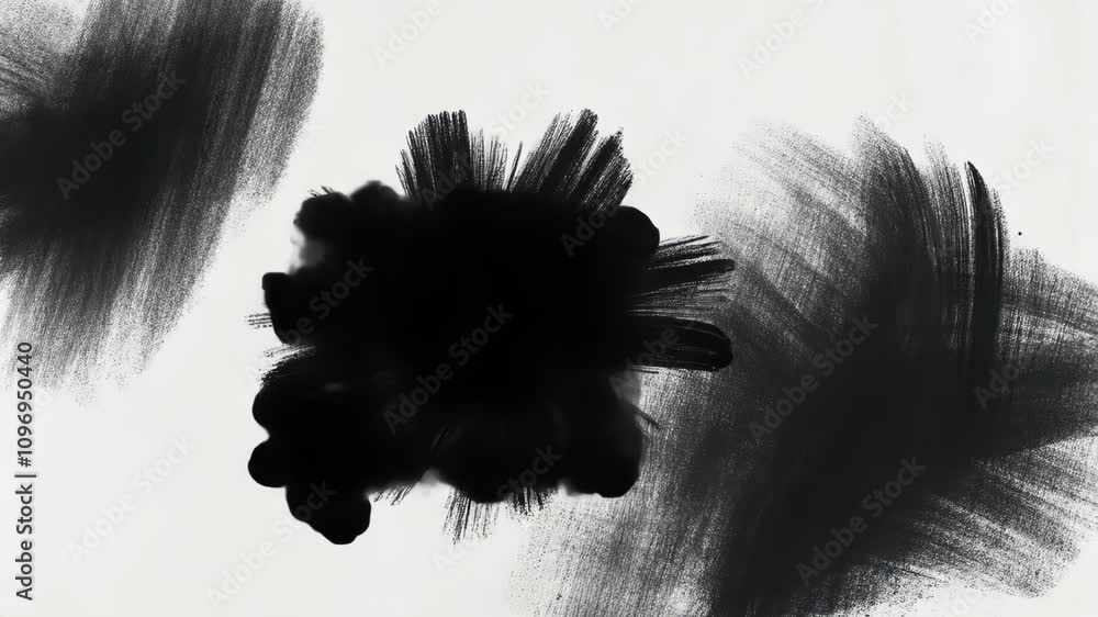 Poster black ink explodes across a white surface creating abstract art