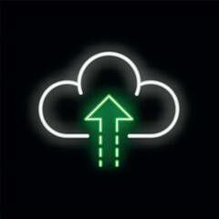 Green neon upload icon is glowing over a white cloud on this black background