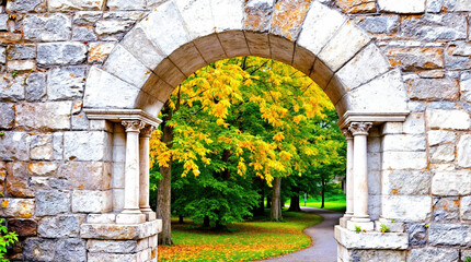 Stone Archway with Classical Columns Frames Scenic Park Path Through Yellow and Green Autumn Trees, Tranquil Garden Landscape in Fall Season