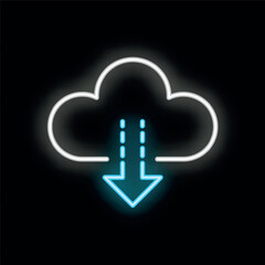 Fototapeta premium Neon icon of a cloud downloading data is glowing on a black background